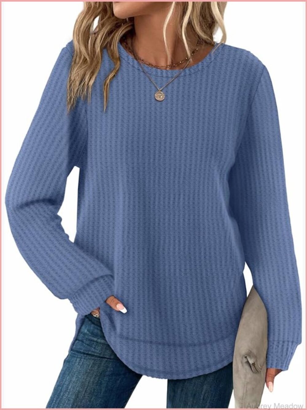 Waffle Knit Tunic Tops for Women Loose Fit Crewneck Long Sleeve Blouses with